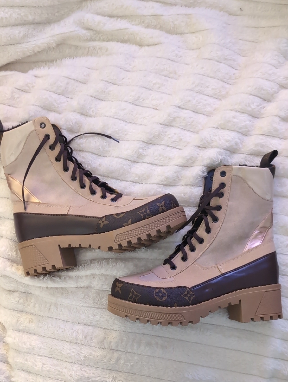 Beige and Brown Lace-Up Combat Boots with Monogram Accent